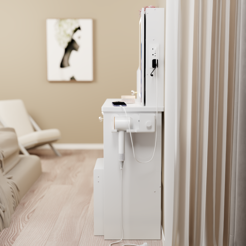 29.2" Small Size Drawer Desktop Vanity Table + Cushioned Stool, 2 AC+2 USB Power Station, Hair dryer bracket, Extra Large Touch Control Sliding LED Mirror, 3-color Switching, EPA, GCC, UL Certificate