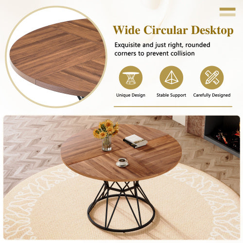 47.3 Inch Walnut Wood Grain Round Dining Table with Hourglass Metal Bracket for 4-6 People