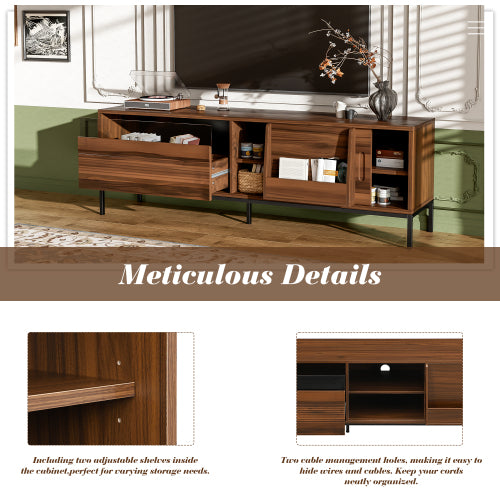 Modern 75 Inch TV Stand with Sliding Doors Walnut Media Console