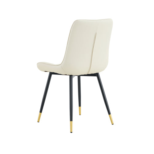 Set of 2 White Leathaire Tech Fabric Dining Chairs, Black Semi-Gloss Metal Leg Gold Trim Adjustable Non-Slip Feet Vertical Stitch High Back