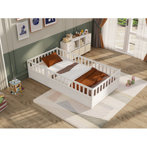Twin Size Floor bed, integral construction with super high security barrier, door, children's floor bed frame, Montessori wooden children's floor bed, white