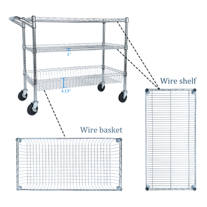 Heavy Duty Rolling Utility Cart,3 Tier Rolling Carts with Wheels,with Handle Bar  Shelf Liners,Storage Cart for Kitchen,Restaurant,Plant Display,Chrome