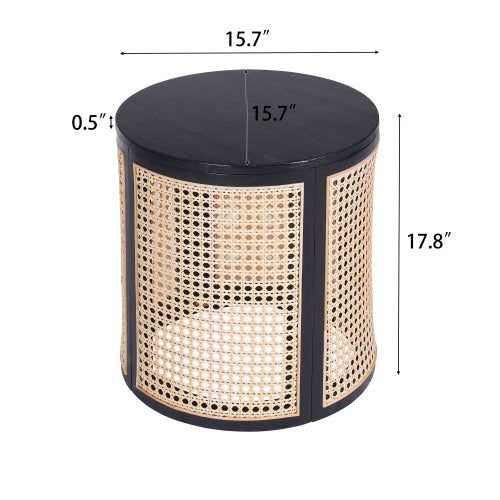 Round Rattan End Table, 15.7 Inch Woven Side Table with Rubber Wood Top, Small Nightstand for Living Room Bedroom, Black