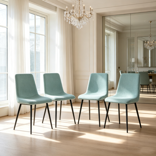 Linen Upholstered Dining Chairs with Black Metal Legs, Set of 4, Light Green