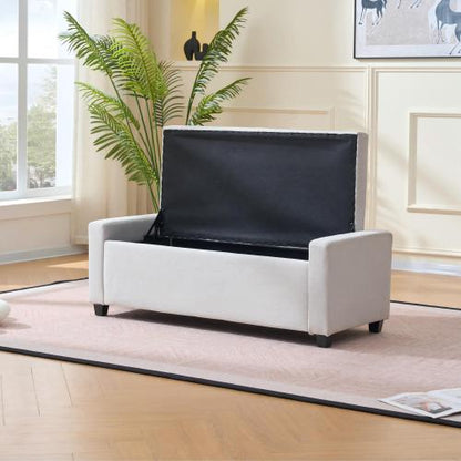48 inch Beige Faux Linen Tufted Storage Bench, Safety Hinge Armrest Ottoman for Bedroom Entryway Living Room
