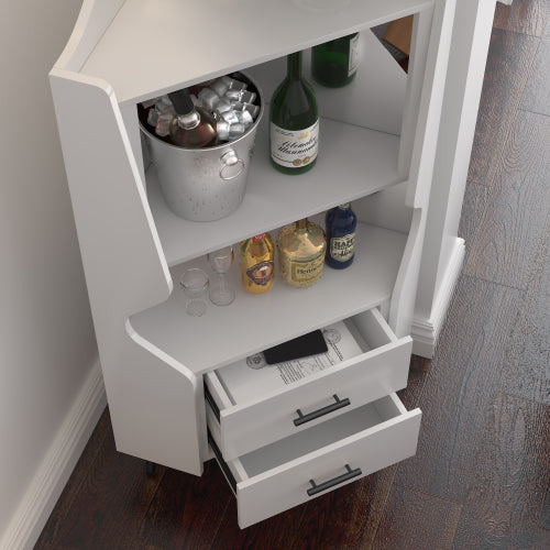 Wooden Corner bar cabinet with 2 open storage shelves and 2 drawers, mirrored back sideboard cabinet, high feet/legs for easy cleaning, buffet cabinet WHITE