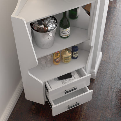 Wooden Corner bar cabinet with 2 open storage shelves and 2 drawers, mirrored back sideboard cabinet, high feet/legs for easy cleaning, buffet cabinet WHITE