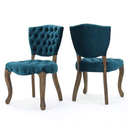 Tufted Velvet-Look Dining Chairs with Carved Wood Legs, Set of 2, Teal
