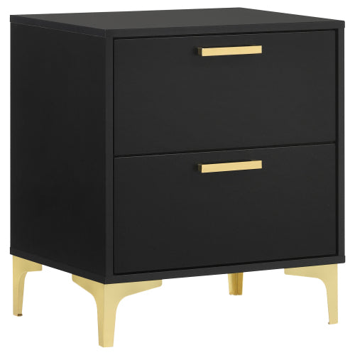 Black and Gold 2 Drawer Nightstand, Modern Bedside Table with Gold Metal Legs, Storage Cabinet for Bedroom