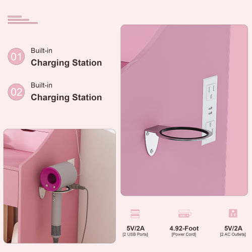 Pink 3-Color LED Vanity Mirror with Stool, 2 Drawers & 5 Storage Cabinets, Charging Station & Hair Dryer Holder