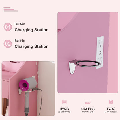 Pink 3-Color LED Vanity Mirror with Stool, 2 Drawers & 5 Storage Cabinets, Charging Station & Hair Dryer Holder
