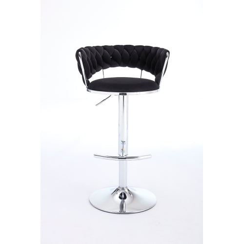 Set of 2 Bar Stools,with Chrome Footrest and Base Swivel Height Adjustable Mechanical Lifting Velvet + Chrome  Leg Simple Bar Stool-BLACK