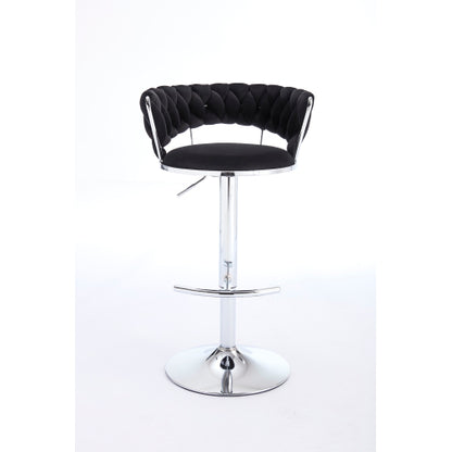 Set of 2 Bar Stools,with Chrome Footrest and Base Swivel Height Adjustable Mechanical Lifting Velvet + Chrome  Leg Simple Bar Stool-BLACK