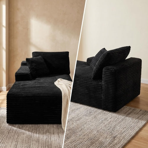 Black Corduroy Leg-Free Floor-Hugging Compressed Armless Single Modular Accent Chair for Living-Room Bedroom