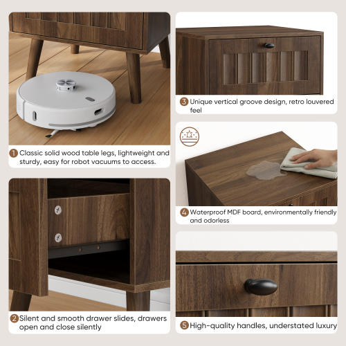 2-Pack Walnut Medieval Retro Nightstand, 2 Drawers with Solid Wood Legs & Silent Slides