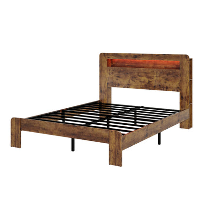 Bed Frame Queen Size, Wood Platform Bed Frame with Storage LED Light Headboard and 2 USB , Noise Free,No Box Spring Needed and Easy Assembly Tool,Large Under Bed Storage,Dark Brown
