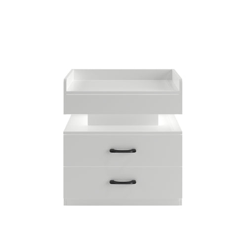 LED Nightstand with 2 Drawers and Adjustable Light Strip, Modern Bedside Storage Table
