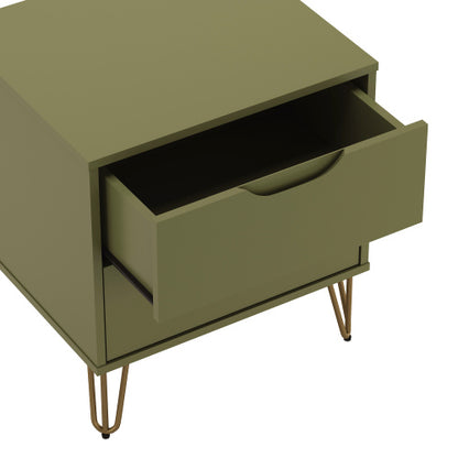 Olive Green Modern Nightstand, 2 Drawers & Metal Legs