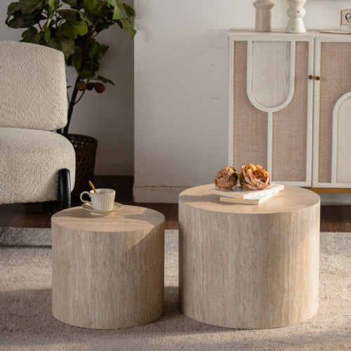 Set of 2 Nesting Round Coffee Tables Wooden Modern Space Saving Side Tables