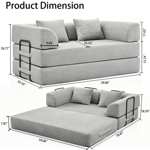 Light-Gray 5-in-1 Convertible Corduroy Sleeper Floor Sofa-Bed Reinforced-Metal-Frame 800LB Capacity No-Assembly