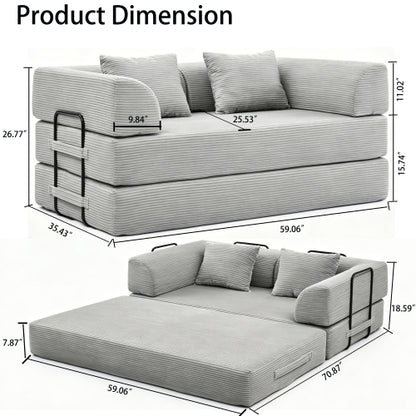 Light-Gray 5-in-1 Convertible Corduroy Sleeper Floor Sofa-Bed Reinforced-Metal-Frame 800LB Capacity No-Assembly