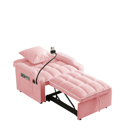 Pink 3-In-1 Convertible Sleeper Chair Bed with USB & Type-C Port
