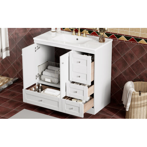 36 inch Shaker Style Free-Standing Bathroom Vanity Cabinet with Ceramic Sink, 4 Soft-close Drawers and 2 Soft-close doors