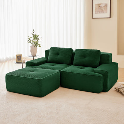 82 inch  Green L-Shaped Corduroy Modular Sofa, Movable Ottoman, No Assembly Required