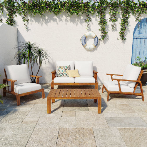 4 Pieces Outdoor Sofa Set 4-person Patio Seating Group Outdoor Conversation Set with Cushions and a Coffee Table for Patios, Gardens, or Balcony, Teak Finish +White Cushion