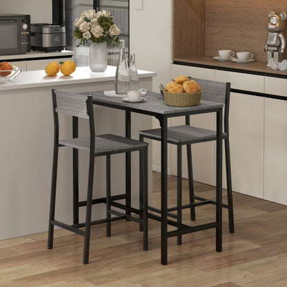 3 Piece Bar Table and Chairs, Industrial Dining Table Set for 2, Counter Height Kitchen Table with Bar stools, Breakfast Table Set for 2 for Small Space, Gray