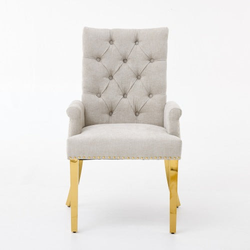 Single Beige Tufted High-Back Chenille Arm Dining Chair, Nailhead Trim, S-Spring Cushion, Polished Stainless Steel Legs