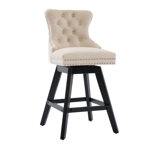 Swivel Velvet Barstools with Button Tufted Decoration and Wooden Legs, and Chrome Nailhead Trim, Leisure Style Bar Chairs,Bar stools, Set of 2 (Beige)