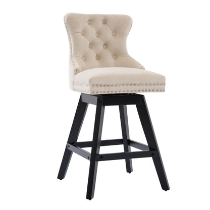 Swivel Velvet Barstools with Button Tufted Decoration and Wooden Legs, and Chrome Nailhead Trim, Leisure Style Bar Chairs,Bar stools, Set of 2 (Beige)
