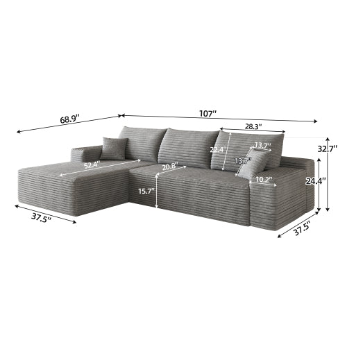 107 inch  Grey Plush Corduroy L-Shape Cloud Modular Sectional Sofa, No Assembly