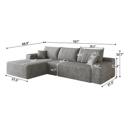 107 inch  Grey Plush Corduroy L-Shape Cloud Modular Sectional Sofa, No Assembly