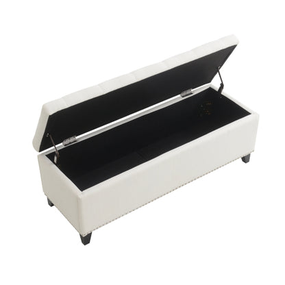 47.5inch  Storage Ottoman, Storage Bench with Safety Close Hinge, Linen Button-Tufted Ottoman for Living Room, Entryway, Hallway, Foot Rest, Support 500lbs - Beige