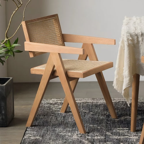 Modern Mid Century Rattan Accent Dining Chair with Armrests, Wood Finish for Living Room & Dining Room