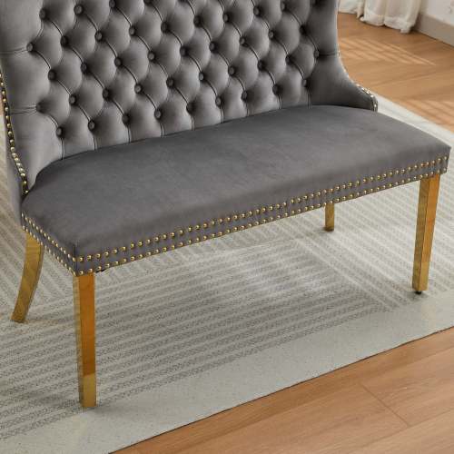 Velvet Double Dining Loveseat Bench, Kitchen & Dining Seating, 2-Seat Tufted Bench w/Handmade Buttons, Wing Back, Gold-Plated Steel Legs, Mid Century Modern,Single Pack,Gray,