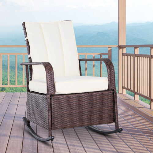 Outsunny Wicker Outdoor Rocking Chair, Patio Recliner with Adjustment Backrest, PE Rattan Lounge Chair with Adjustable Footrest and Cushions for Garden, Backyard, Porch, Beige