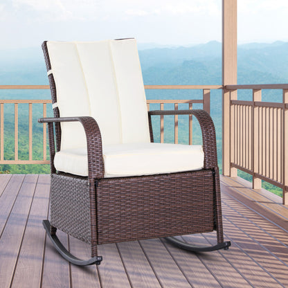 Outsunny Wicker Outdoor Rocking Chair, Patio Recliner with Adjustment Backrest, PE Rattan Lounge Chair with Adjustable Footrest and Cushions for Garden, Backyard, Porch, Beige
