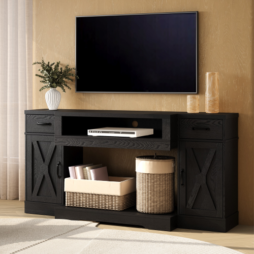 Black Farmhouse 65 inch TV Stand with Adjustable Shelves and Storage