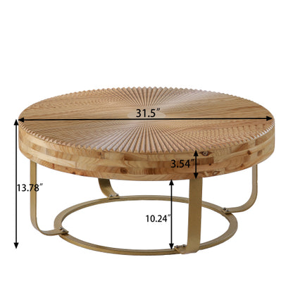 Round Wood Coffee Table Gold Metal Legs Carved Pine Accent Living Room Table