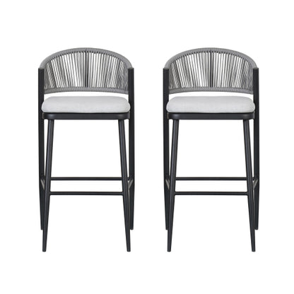 Outdoor 30.25" Seat Height Metal Frame Barstools with PE Rattan Scallop-shaped Backrest, Set of 2, Matte Black