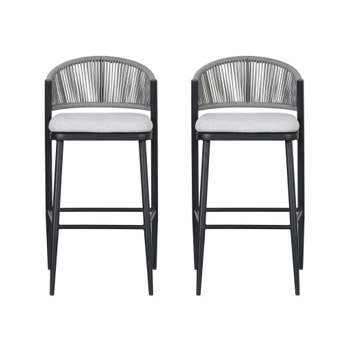 Outdoor 30.25" Seat Height Metal Frame Barstools with PE Rattan Scallop-shaped Backrest, Set of 2, Matte Black