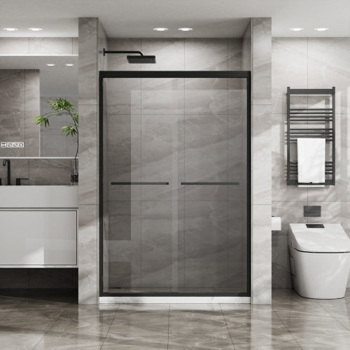 Goodyo Double Sliding Glass Shower Door 48 in. W x 72 in. H Aluminum Framed Shower Enclosure with SGCC Clear Tempered Glass, Stainless Steel Hardware, Matte Black
