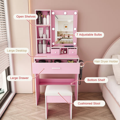 Pink Compact LED Vanity Table Set, Power Outlet, Hairdryer Holder, Drawers & Upholstered Stool