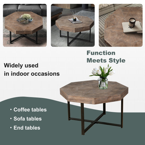 30 Inch Octagonal Patchwork Coffee Table, Antique Brown