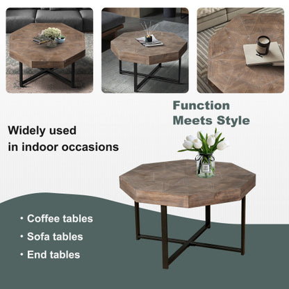 30 Inch Octagonal Patchwork Coffee Table, Antique Brown