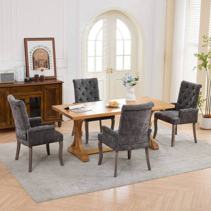 Upholstered Chenille Arm Dining Chair, Tufted Accent Chair with Curved Solid Wood Legs, Gray, Single Pack