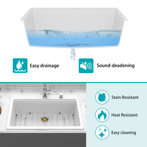 Quartz Kitchen Sink - 33" x 22" x 9.65" White granite composite Workstation Drop-in kitchen sink
